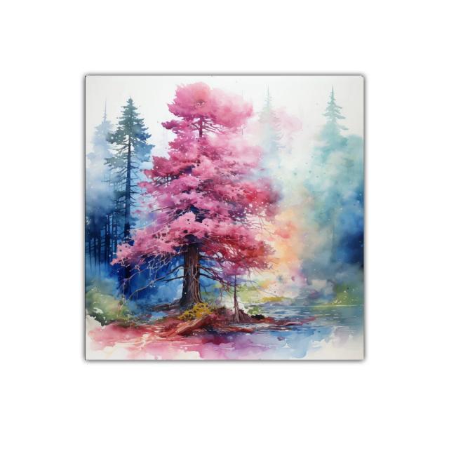 Árbol rosa brillante en bosque mágico y sereno