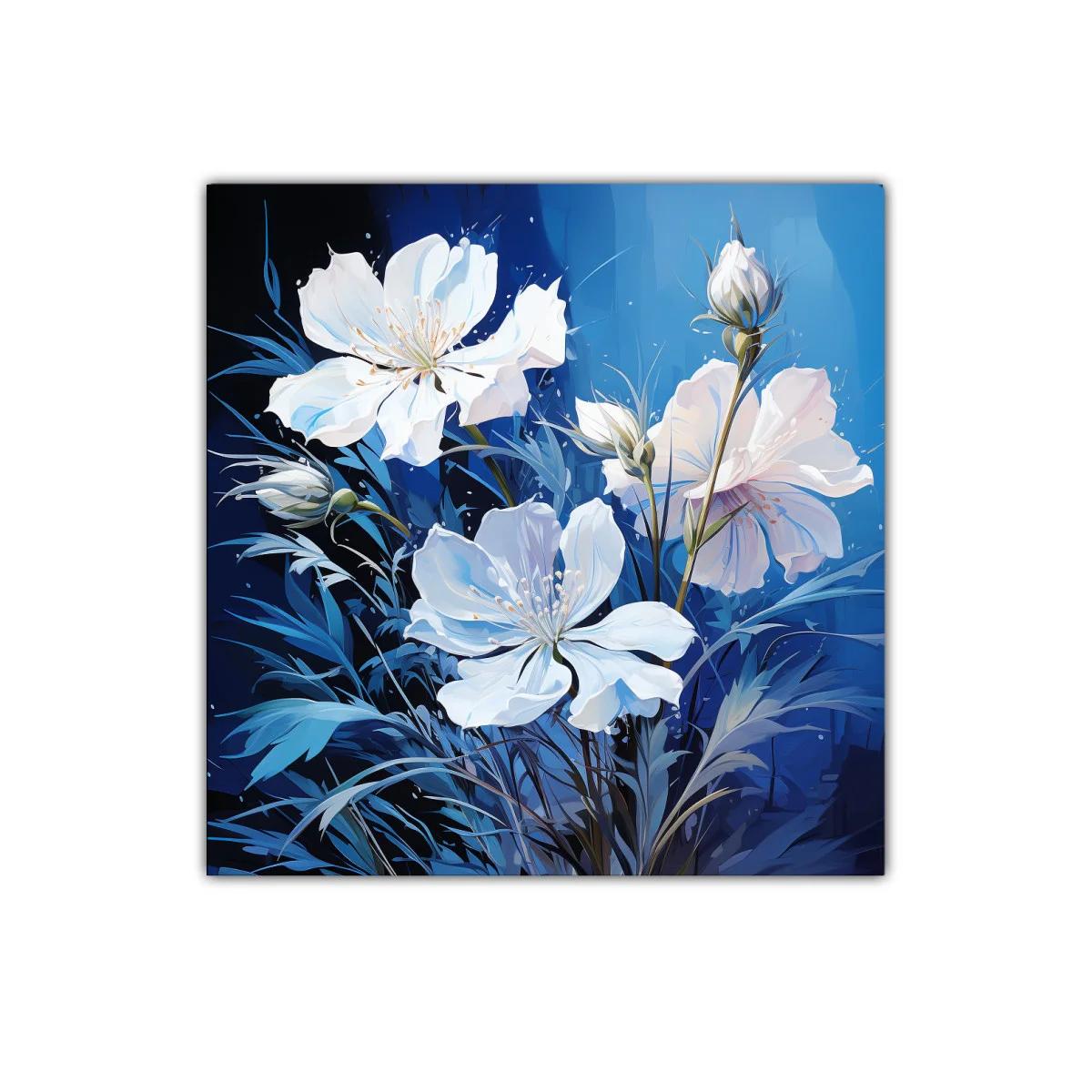 Cuadro decorativo con flores blancas sobre fondo azul intenso — imagen principal