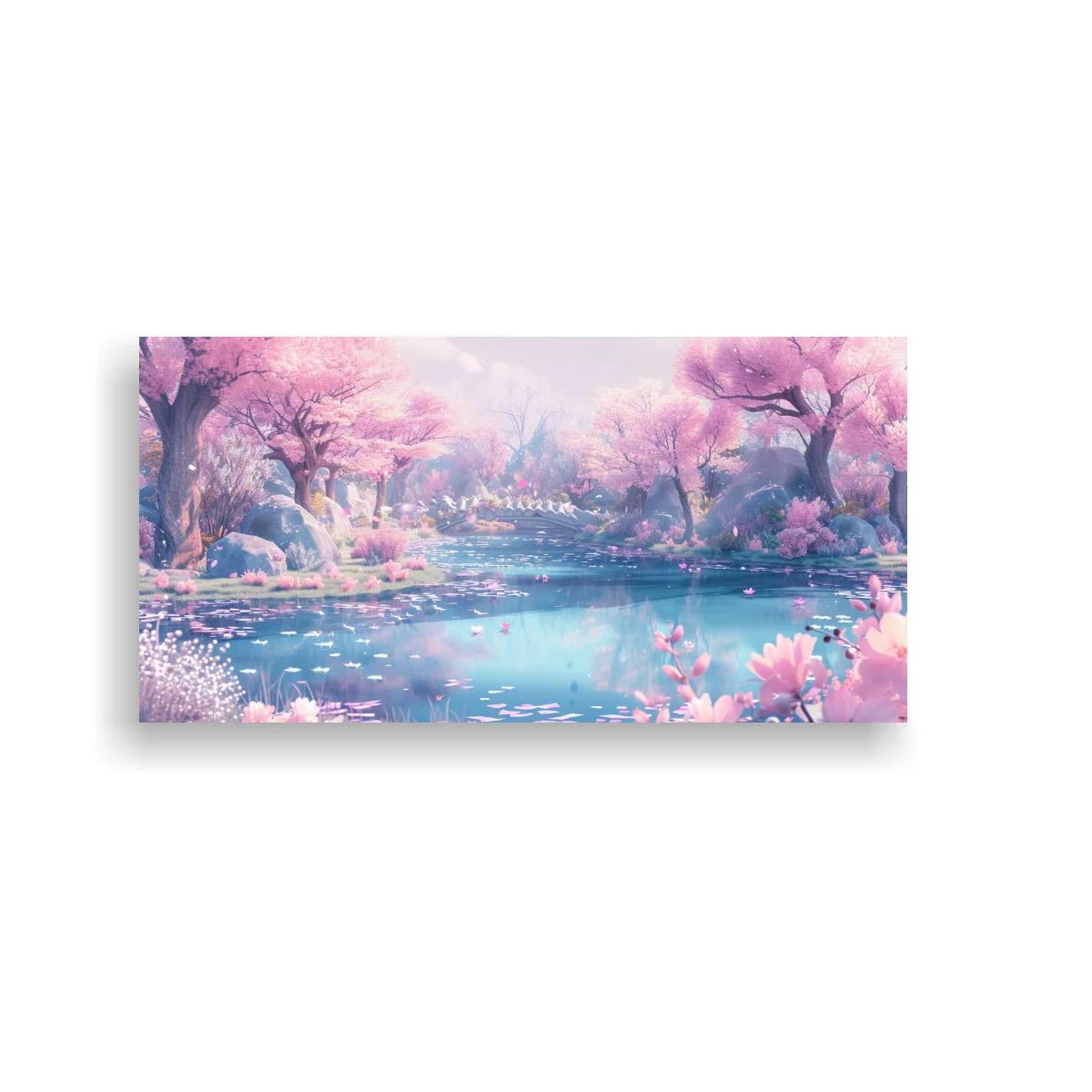 Cuadro lago entre árboles en flor rosados con reflejos suaves