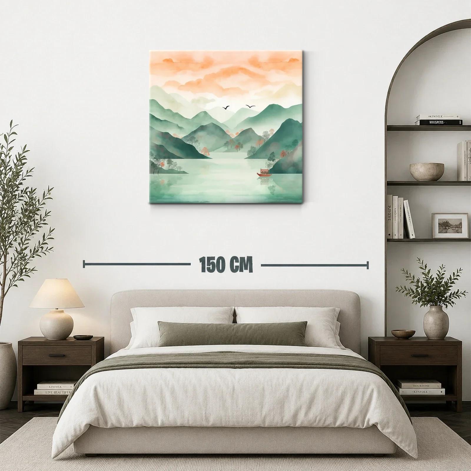 Serena escena de montañas y lago con tonos pastel cálidos — miniatura 3