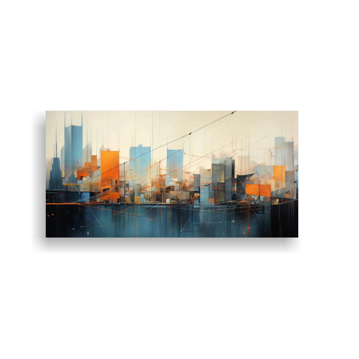 Cuadro skyline urbano abstracto con acentos naranjas