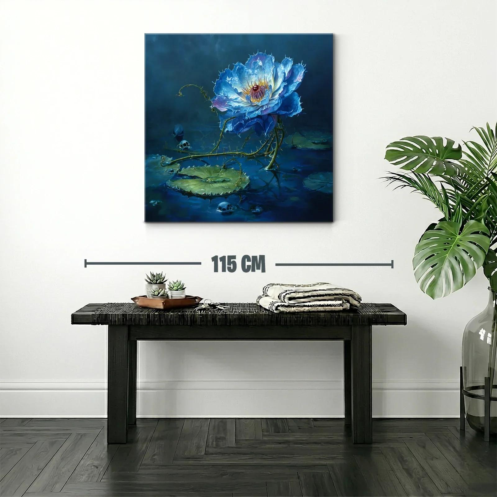 Flor azul luminosa sobre agua con detalles oscuros y misterio — miniatura 2