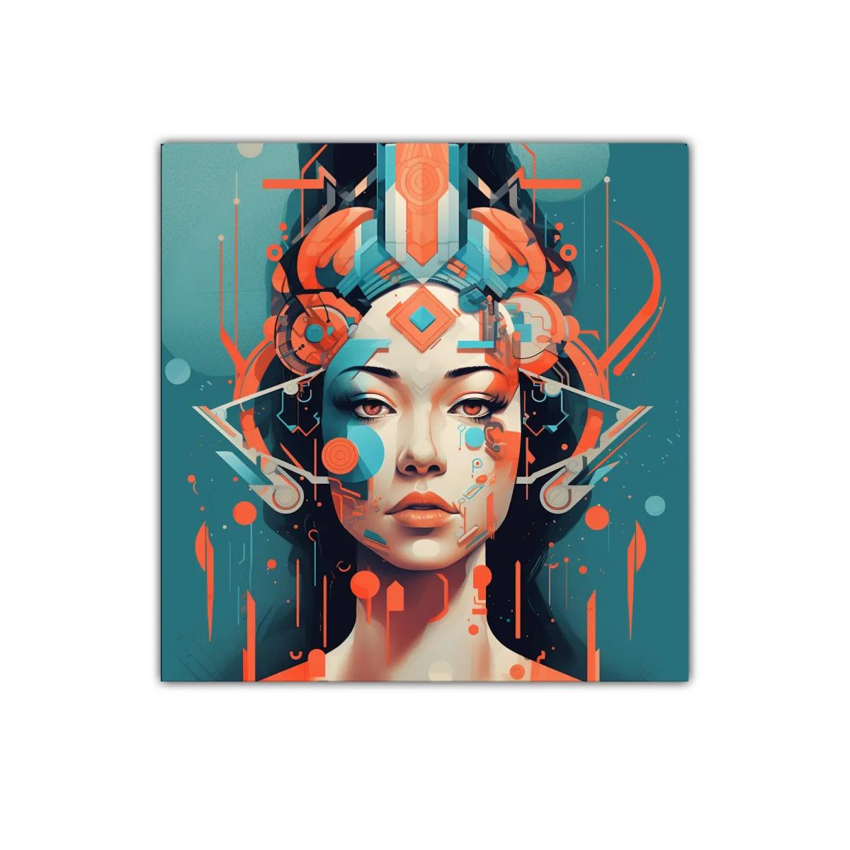 Retrato futurista de mujer con detalles geométricos y vibrantes