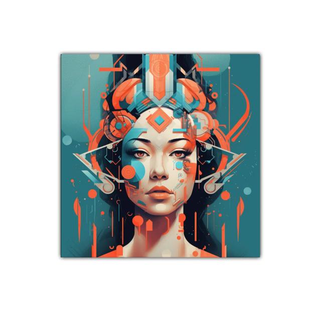 Retrato futurista de mujer con detalles geométricos y vibrantes