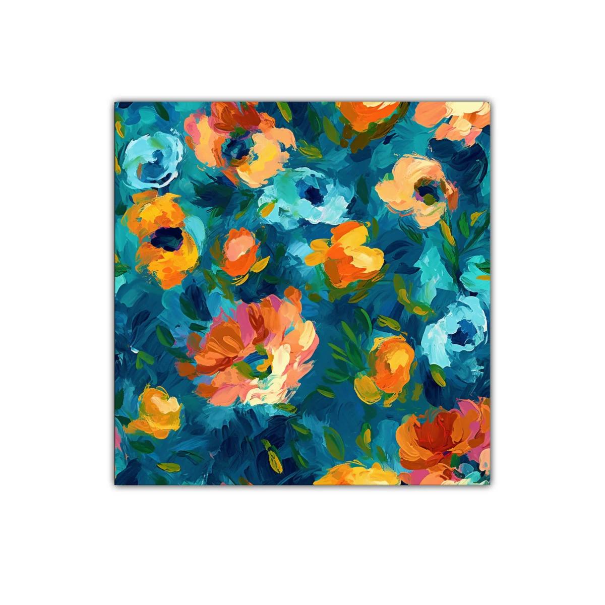 Cuadro floral vibrante con tonos azules y naranjas — imagen principal
