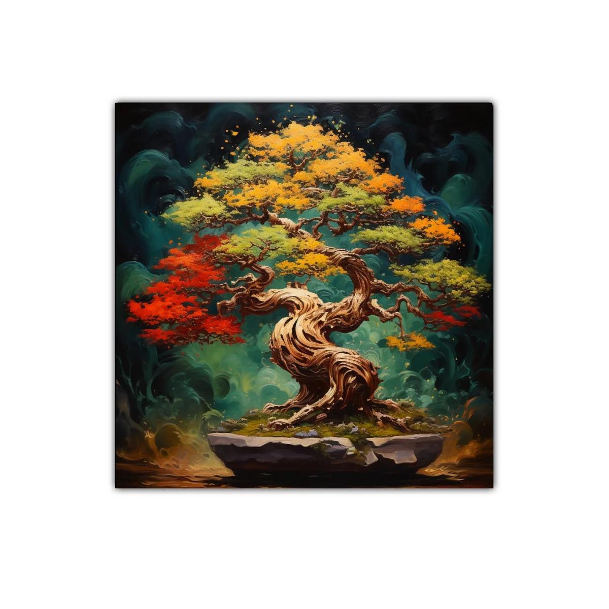 Árbol bonsái en vibrantes tonos otoñales y fondo místico — imagen principal