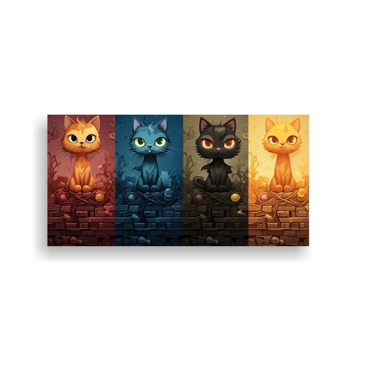 Cuadro gato sentado en cuatro paneles y lunas crecientes