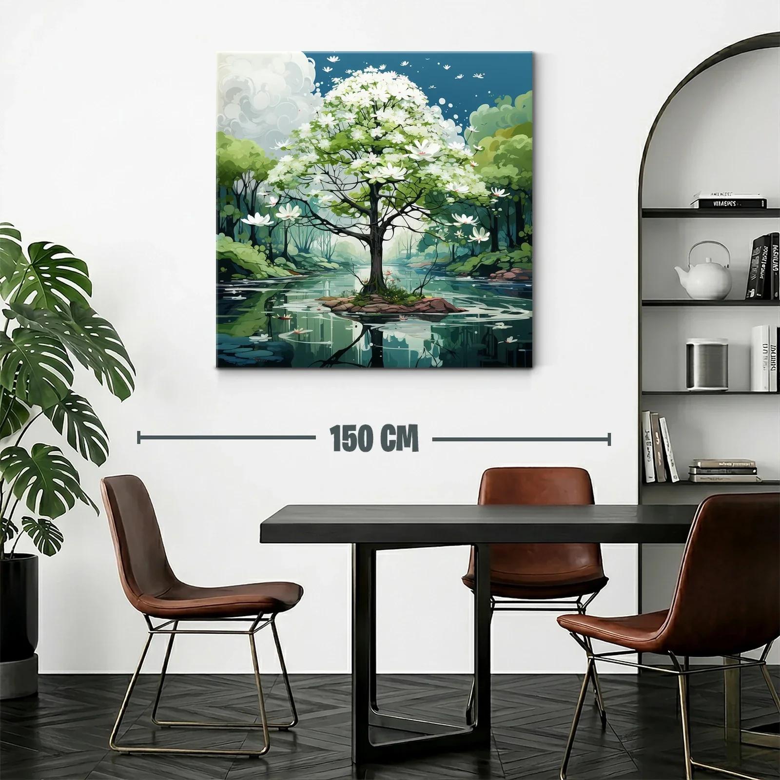 Árbol en flor sobre lago sereno con paisaje natural — miniatura 2
