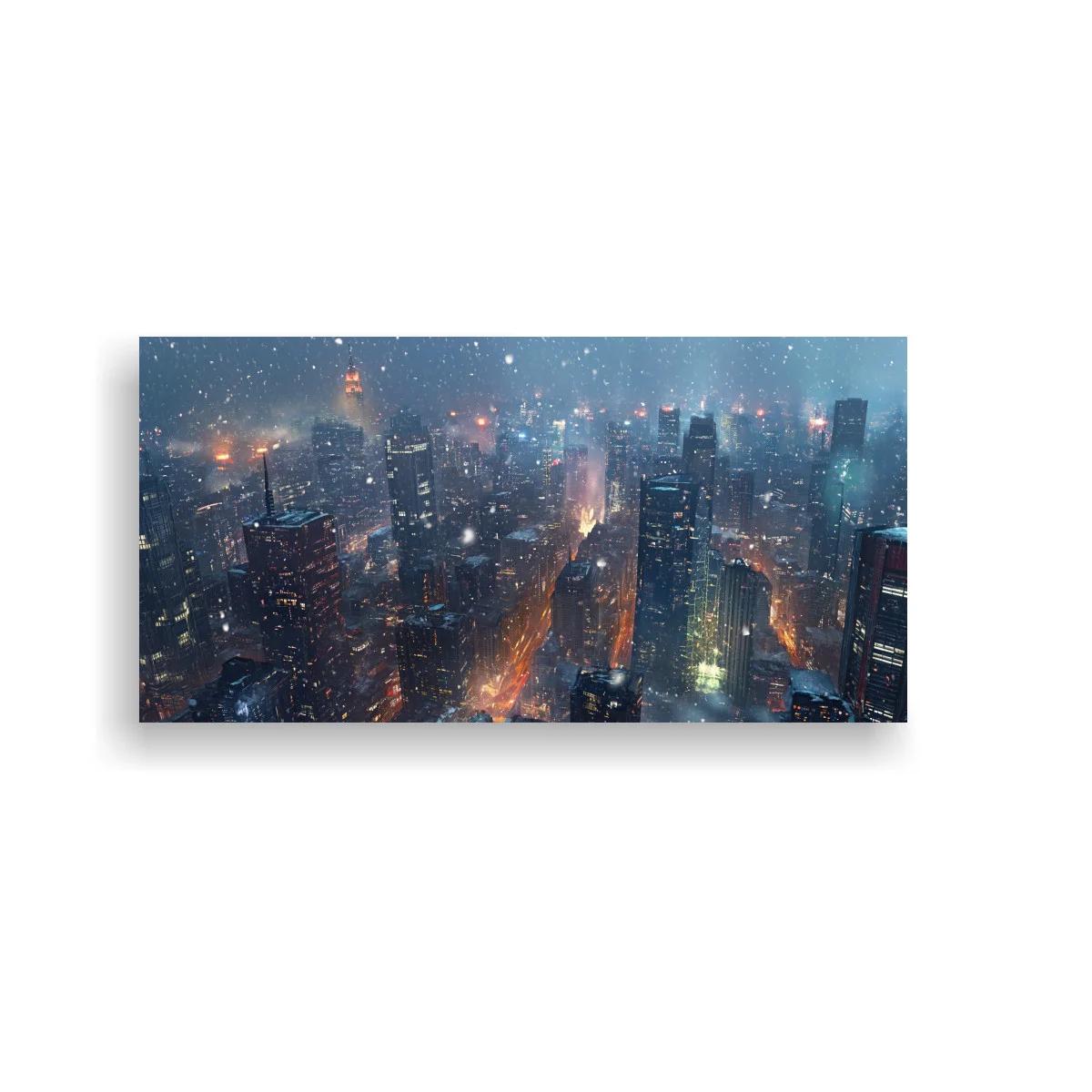 Cuadro skyline urbano nocturno con copos de nieve