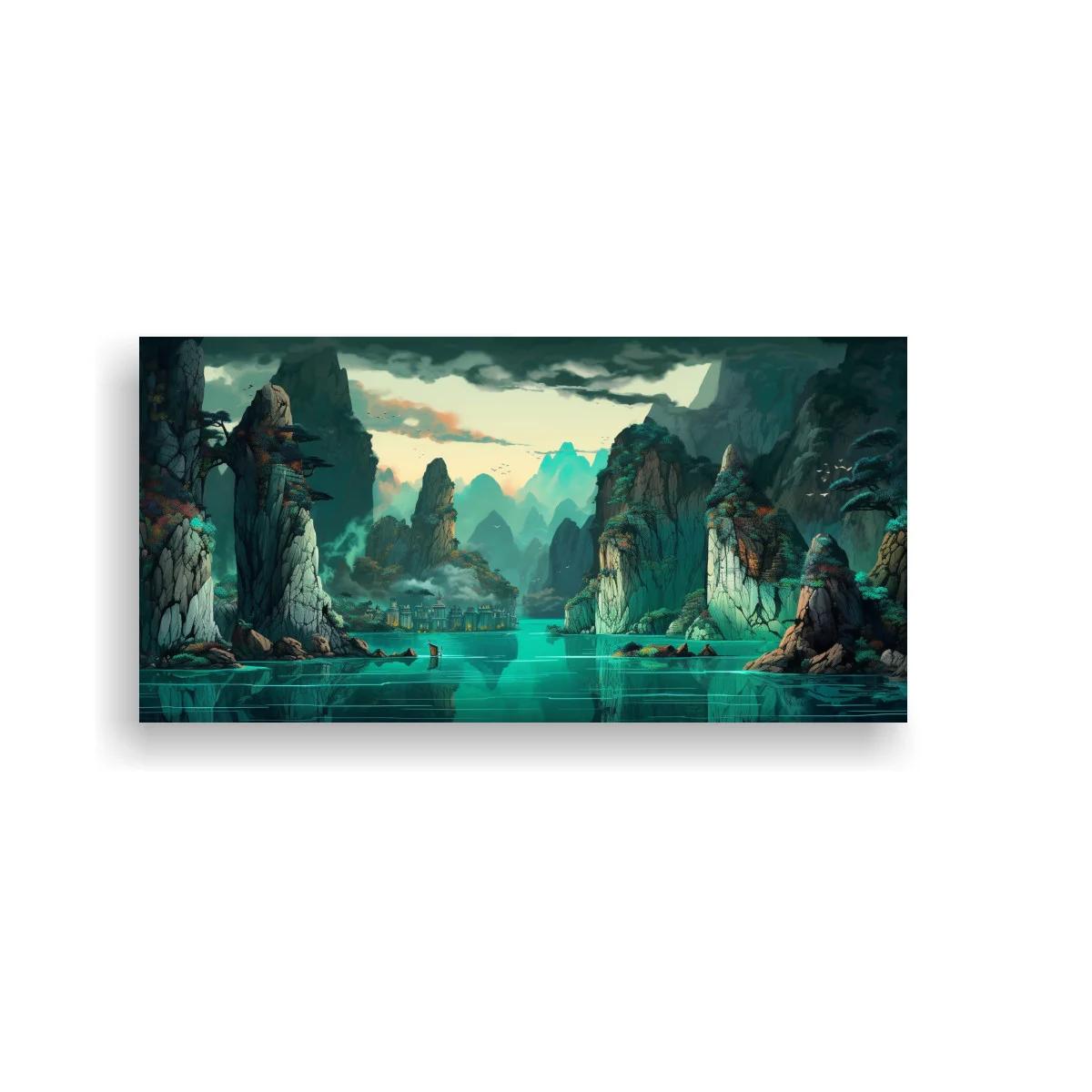 Cuadro paisaje de montañas kársticas con entrada de cueva — imagen principal