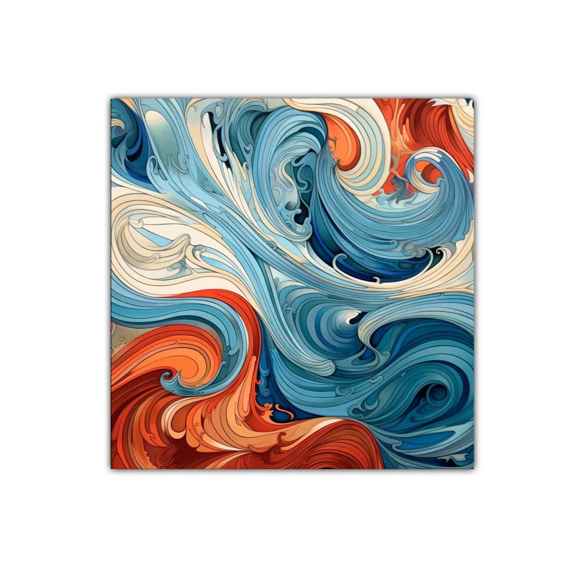 Cuadro abstracto con dinámicas formas ondulantes en tonos cálidos y fríos