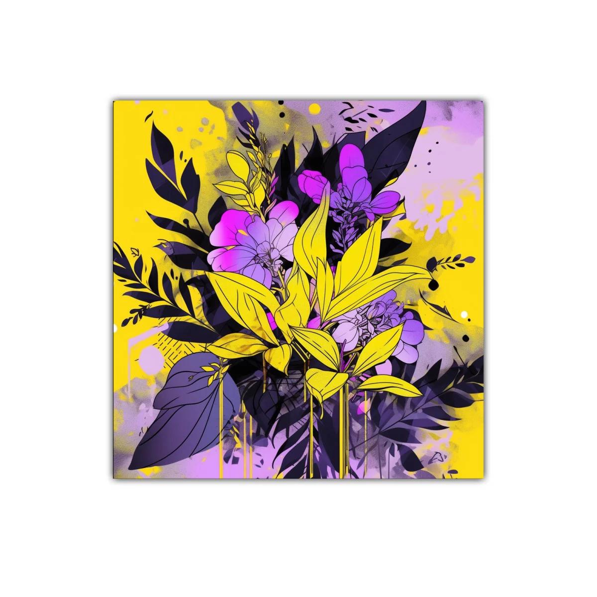 Composición floral vibrante en tonos violetas y amarillos