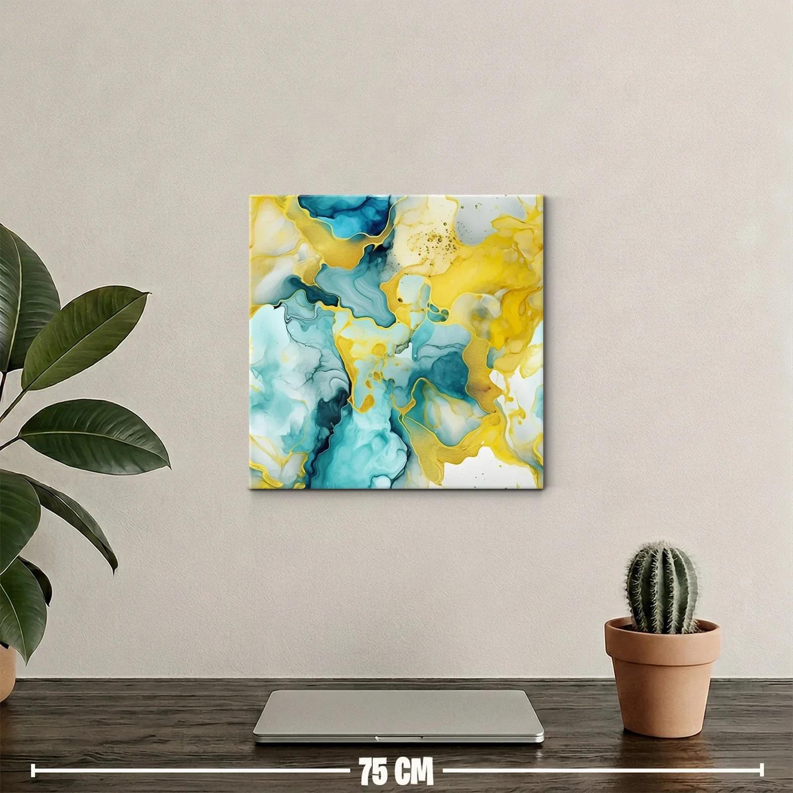 Cuadro abstracto con tonos turquesa y dorados vibrantes — miniatura 2