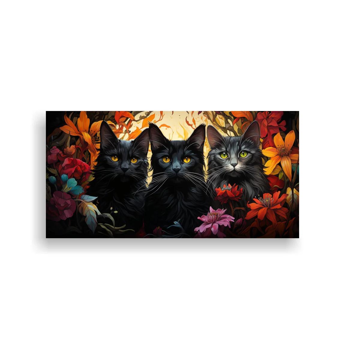Cuadro cuatro gatos negros entre flores y follaje