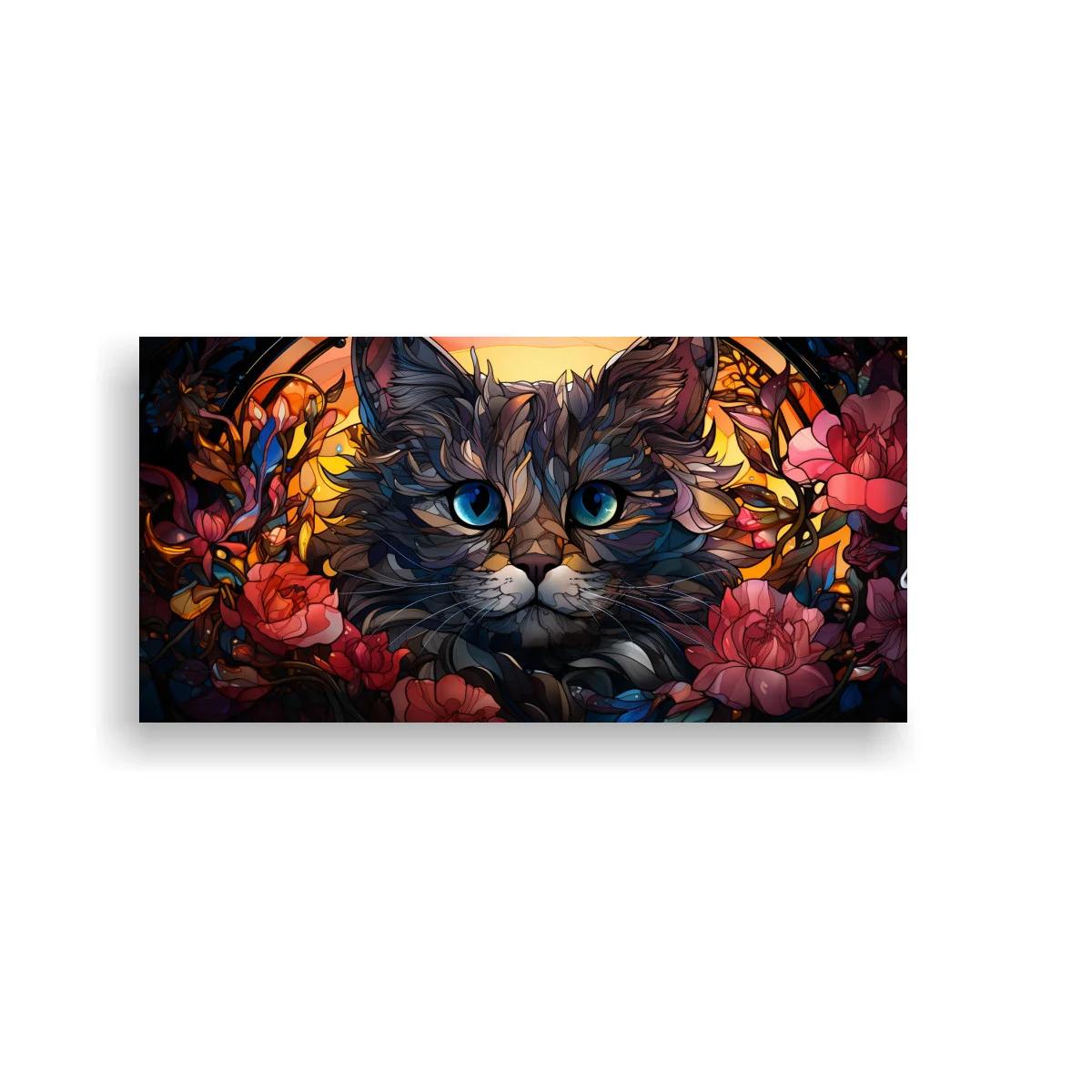 Cuadro gato de pelo largo con ojos azules y flores rosadas — imagen principal