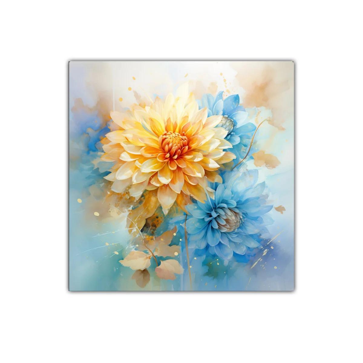 Cuadro floral con pétalos en tonos cálidos y azules suaves — imagen principal