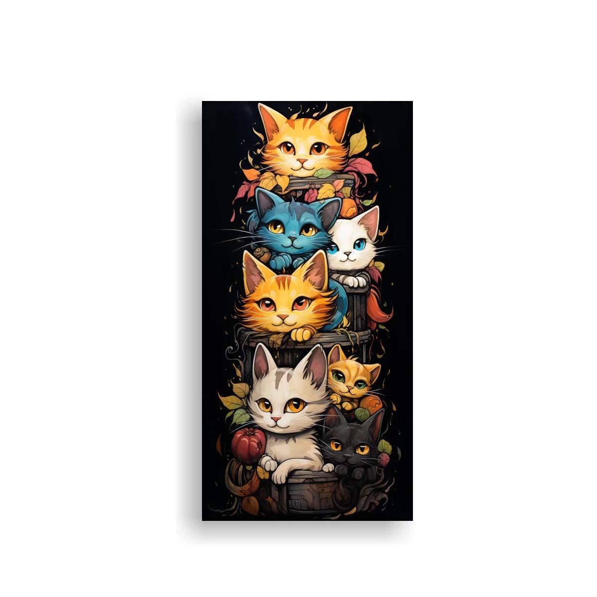Cuadro grupo de gatos en cesta con flores rosadas