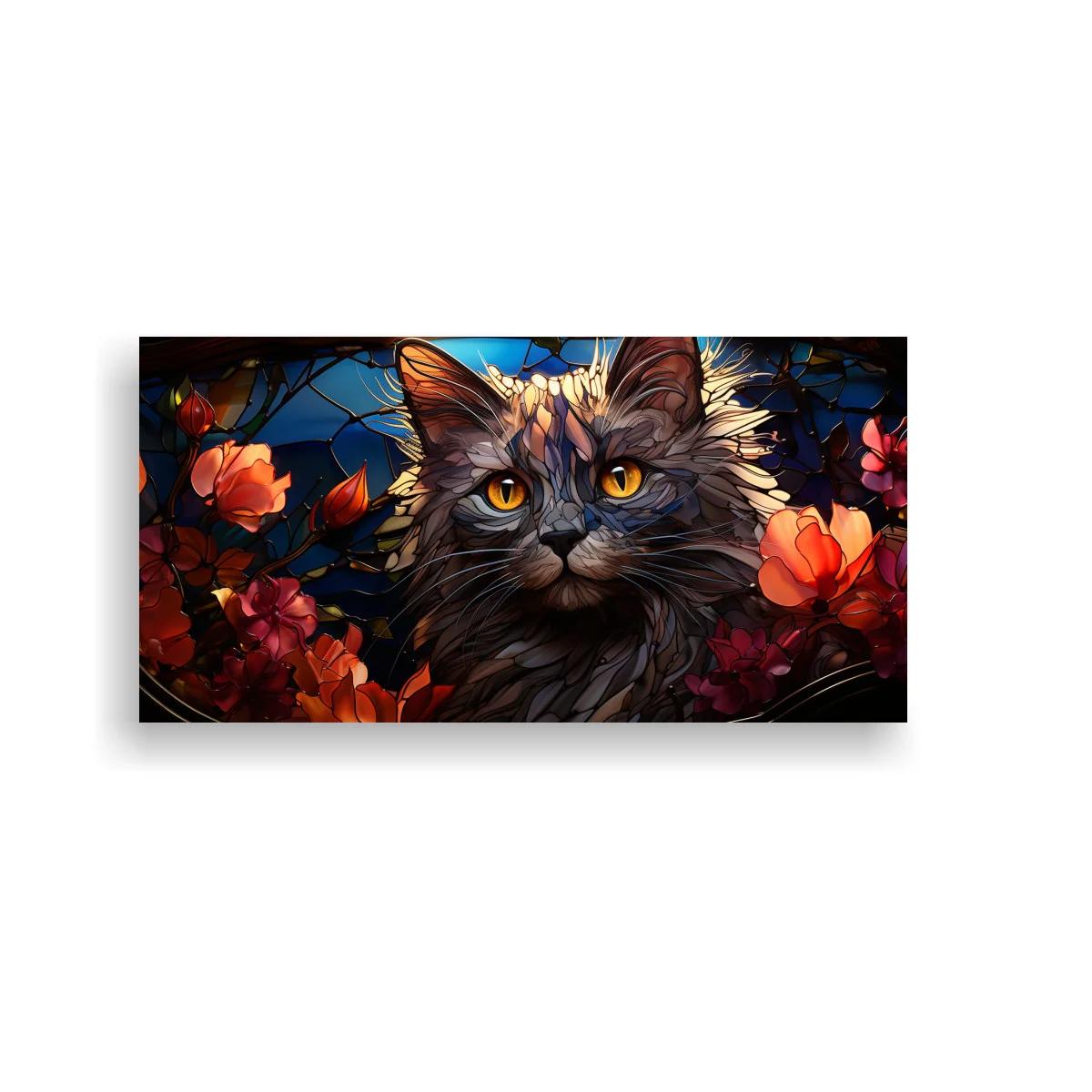 Cuadro gato gris de pelo largo con flores coral