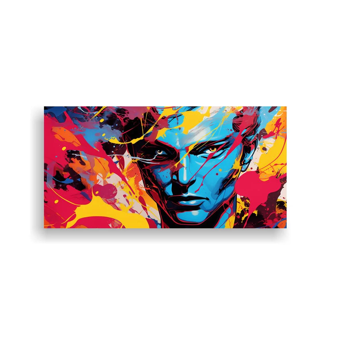Cuadro rostro masculino azul con salpicaduras expresivas