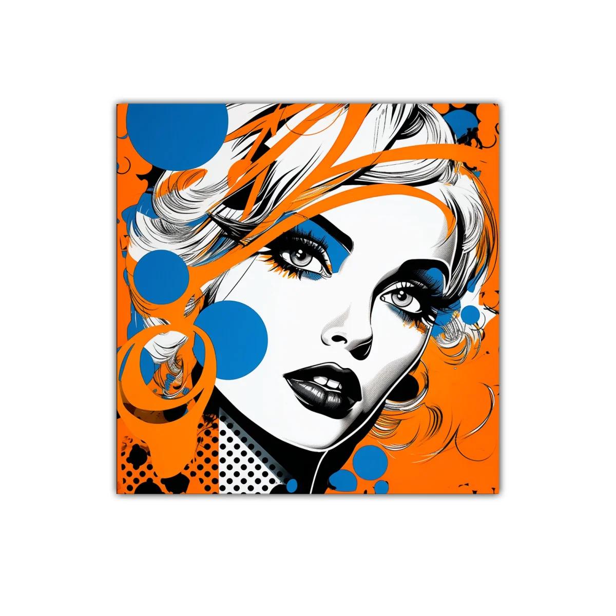 Retrato pop art femenino en vibrantes tonos naranja y azul
