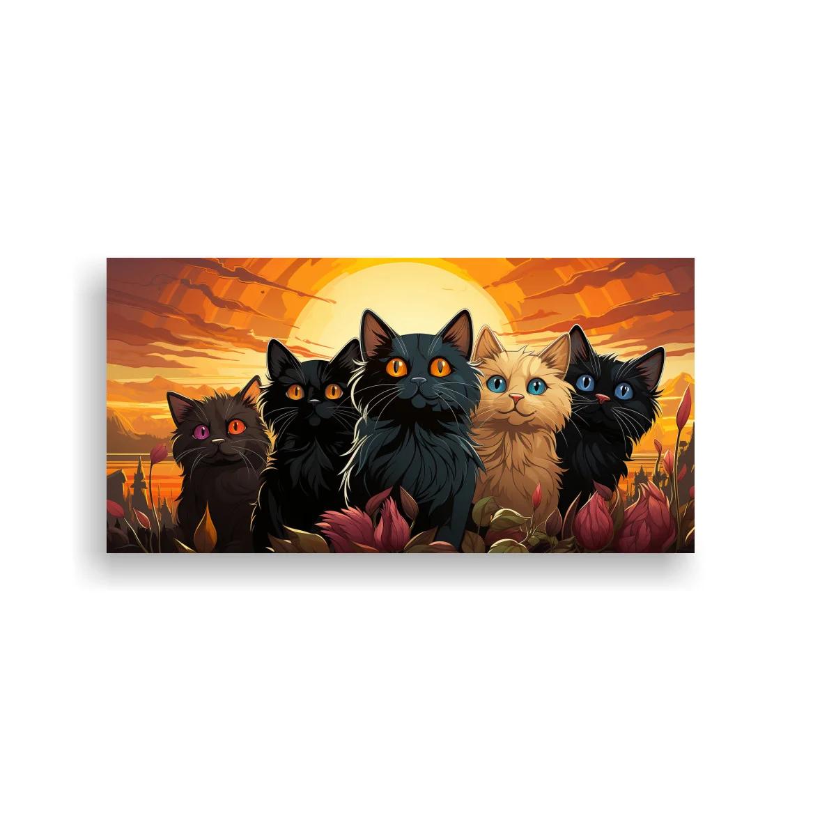 Cuadro grupo de cinco gatos de ojos grandes con sol y flores