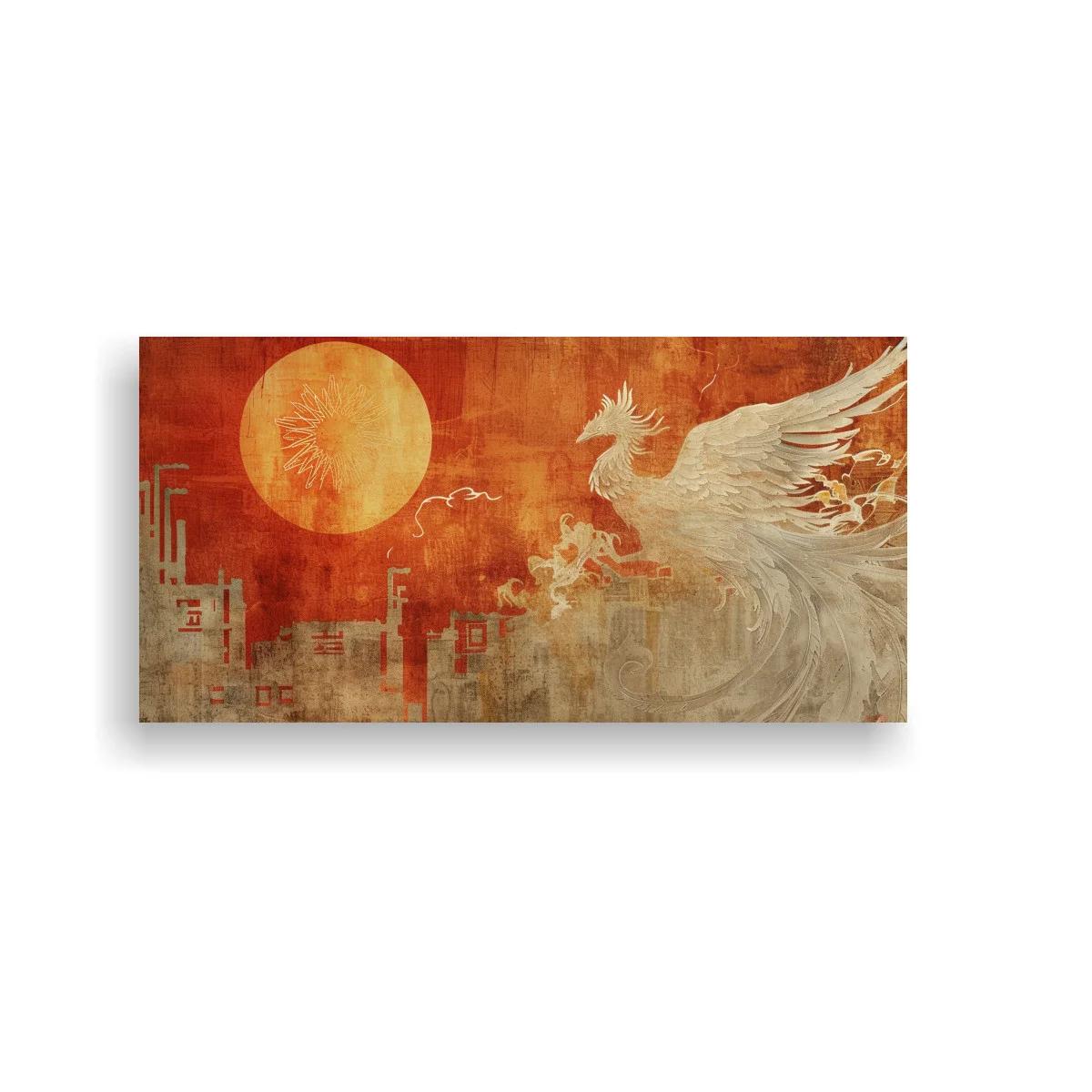 Cuadro fénix blanco con sol dorado y skyline urbano