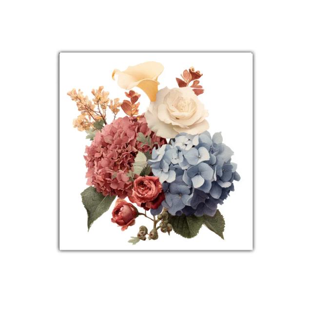 Composición floral en tonos pastel con rosas y hortensias