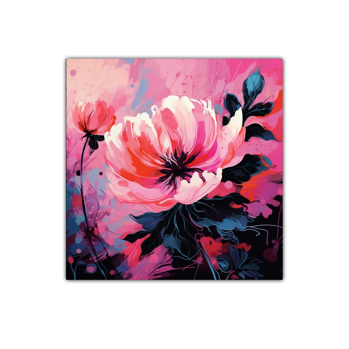 Cuadro floral vibrante con tonos rosas y rojos intensos