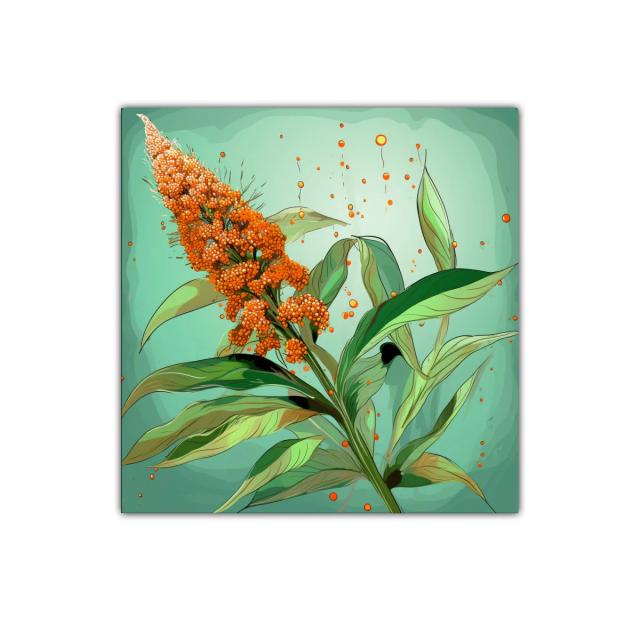 Cuadro decorativo con flor naranja vibrante y hojas verdes