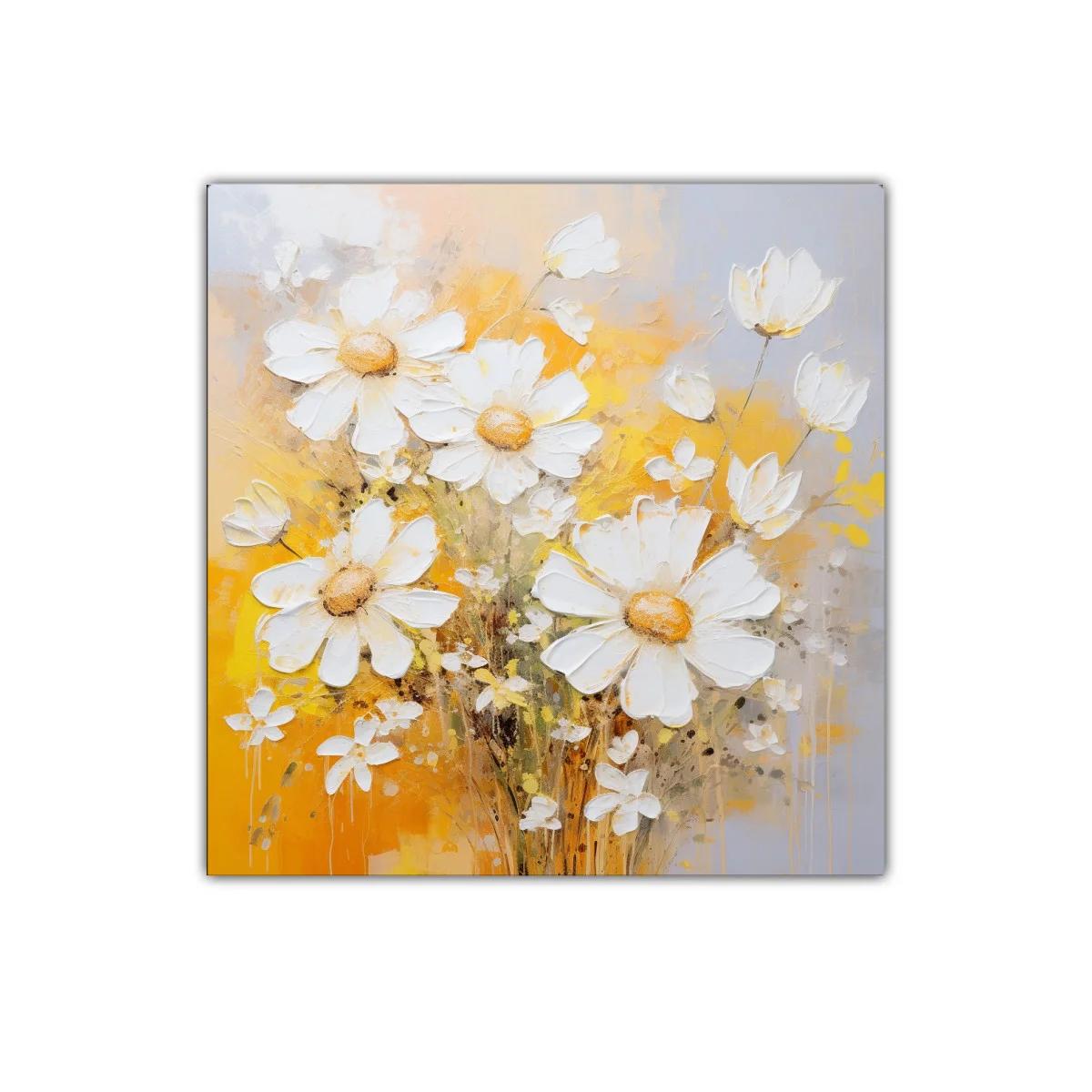 Cuadro decorativo con flores blancas sobre fondo amarillo cálido — imagen principal