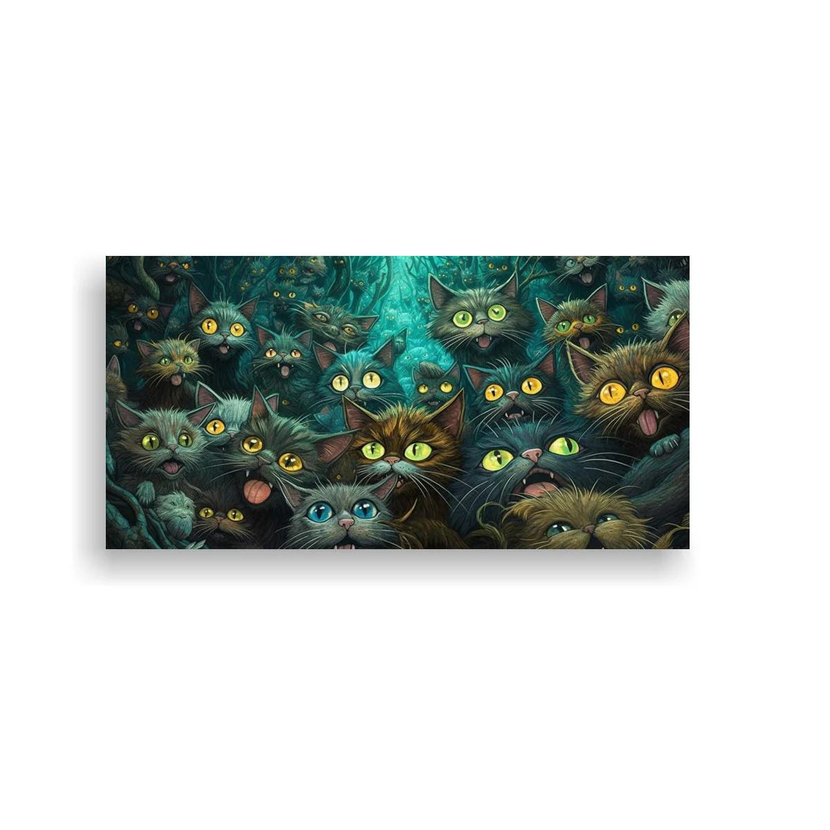 Cuadro grupo de gatos de ojos brillantes con toques de luz turquesa — imagen principal