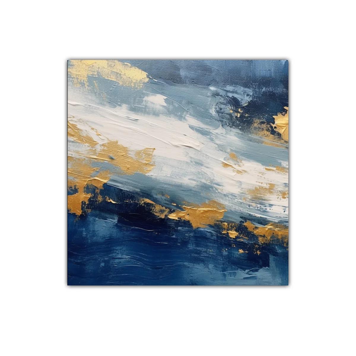 Cuadro abstracto azul con detalles dorados y blancos