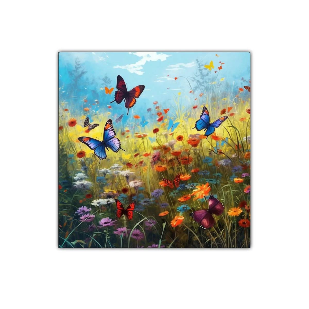 Mariposas sobre campo de flores silvestres en brillante día soleado — imagen principal