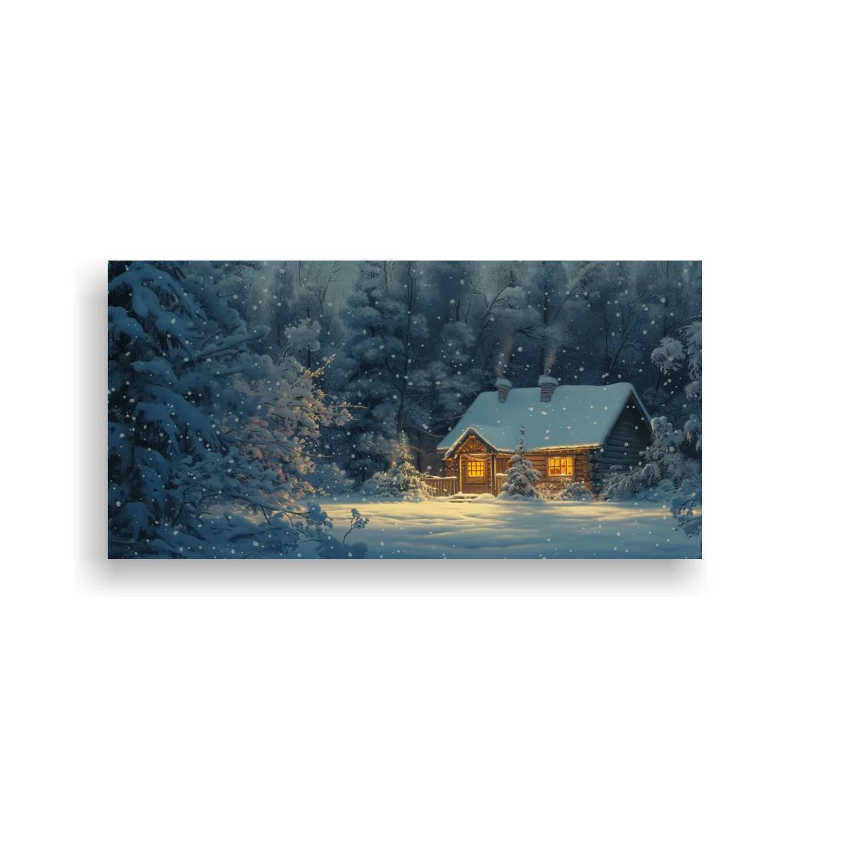 Cuadro cabaña nevada iluminada con contraste cálido y azul — imagen principal