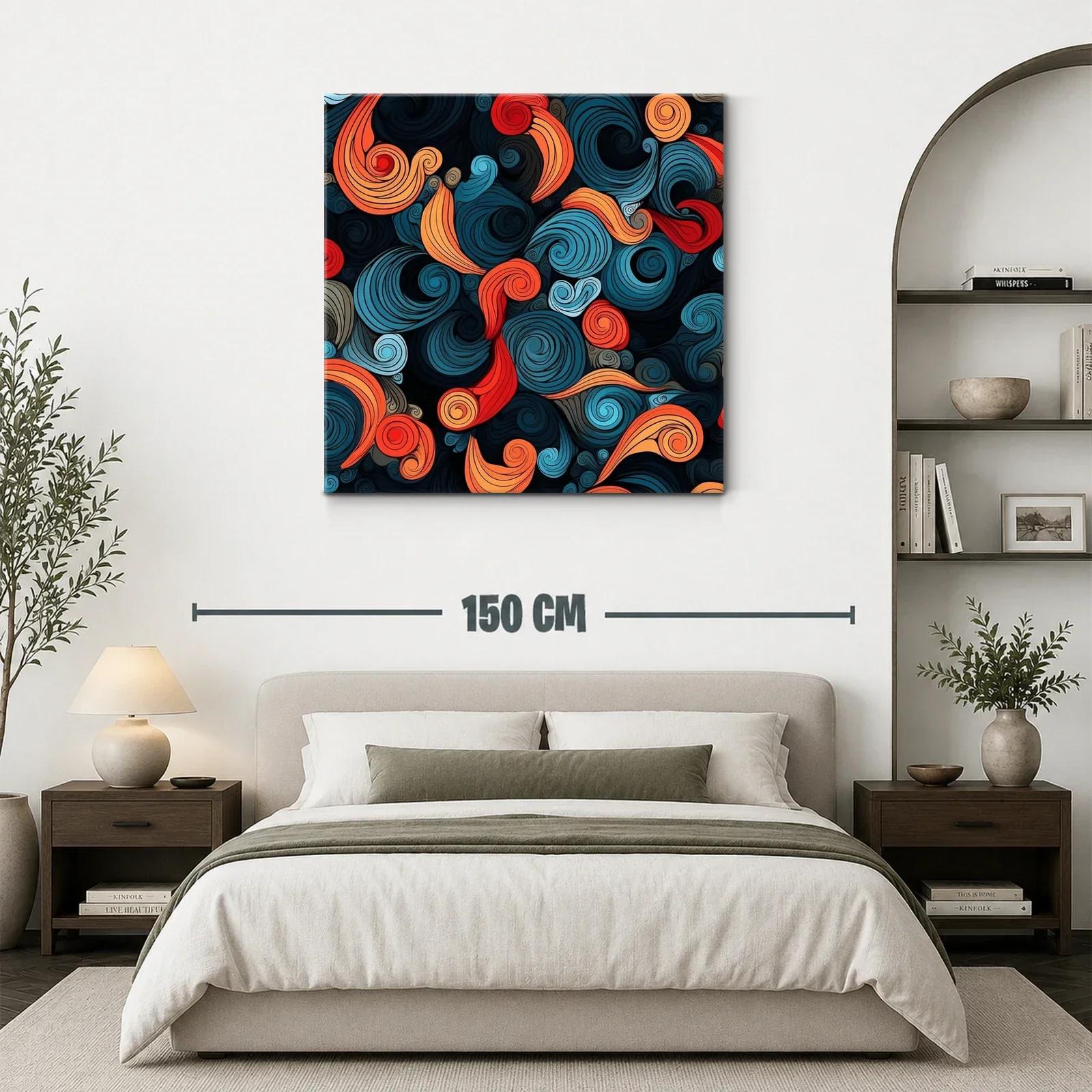 Cuadro abstracto con remolinos en tonos cálidos y fríos — miniatura 3