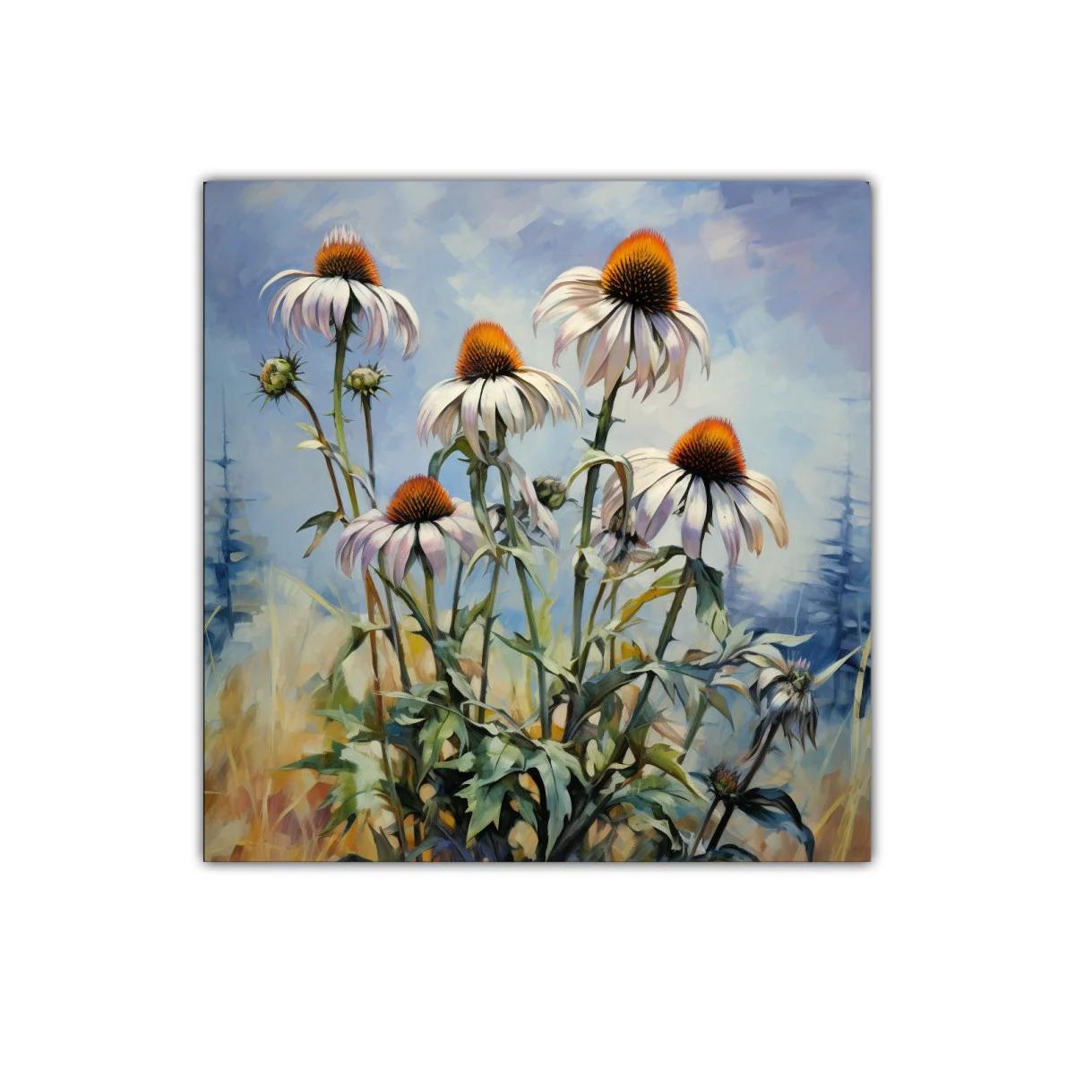 Cuadro decorativo con flores blancas y centro naranja sobre fondo azul — imagen principal