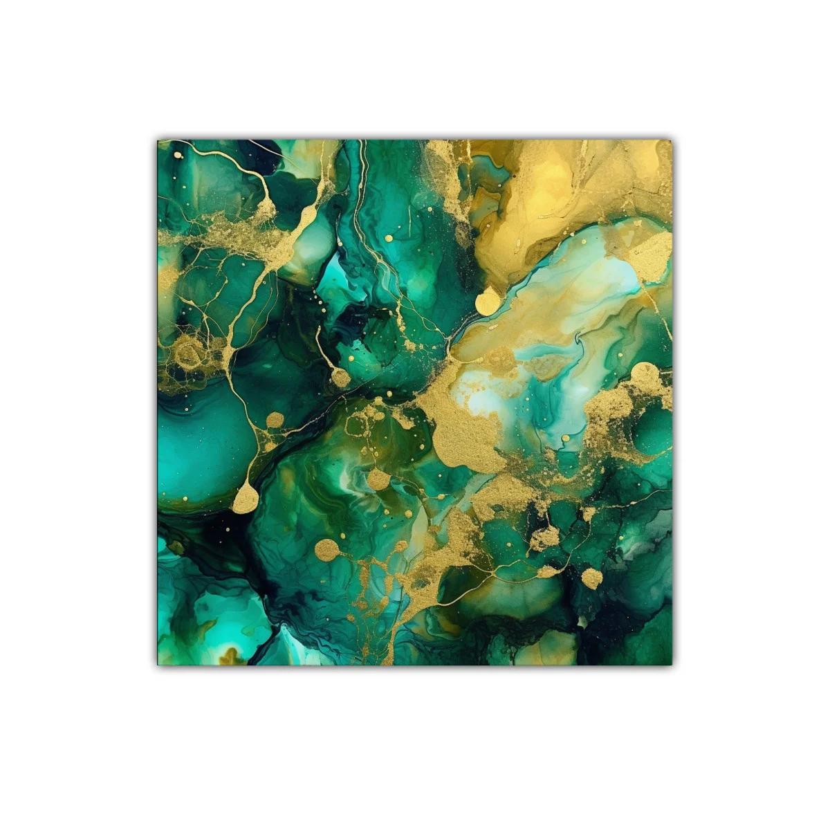 Cuadro abstracto en tonos verdes y dorados vibrantes — imagen principal