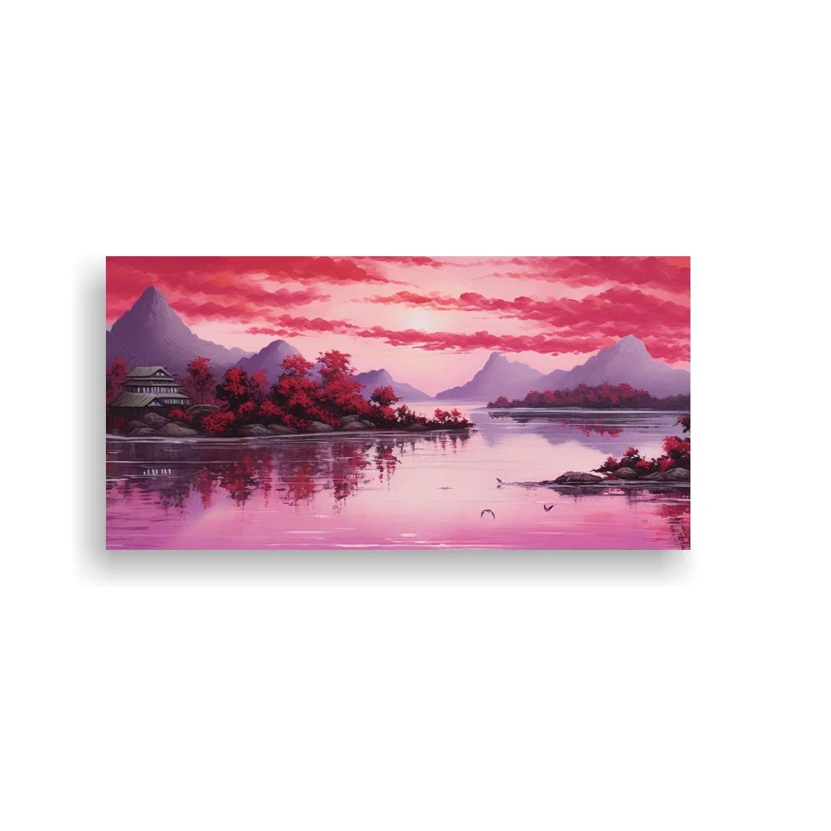 Cuadro paisaje lacustre asiático con pagoda y lago reflejante