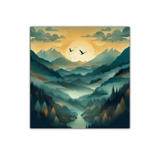 Paisaje de montañas con amanecer y vuelo de aves