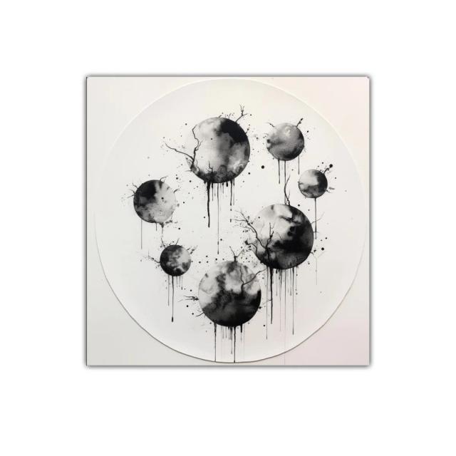 Composición de esferas en negro y gris con efecto acuarela