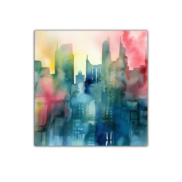 Cuadro abstracto de ciudad con tonos vibrantes y suaves