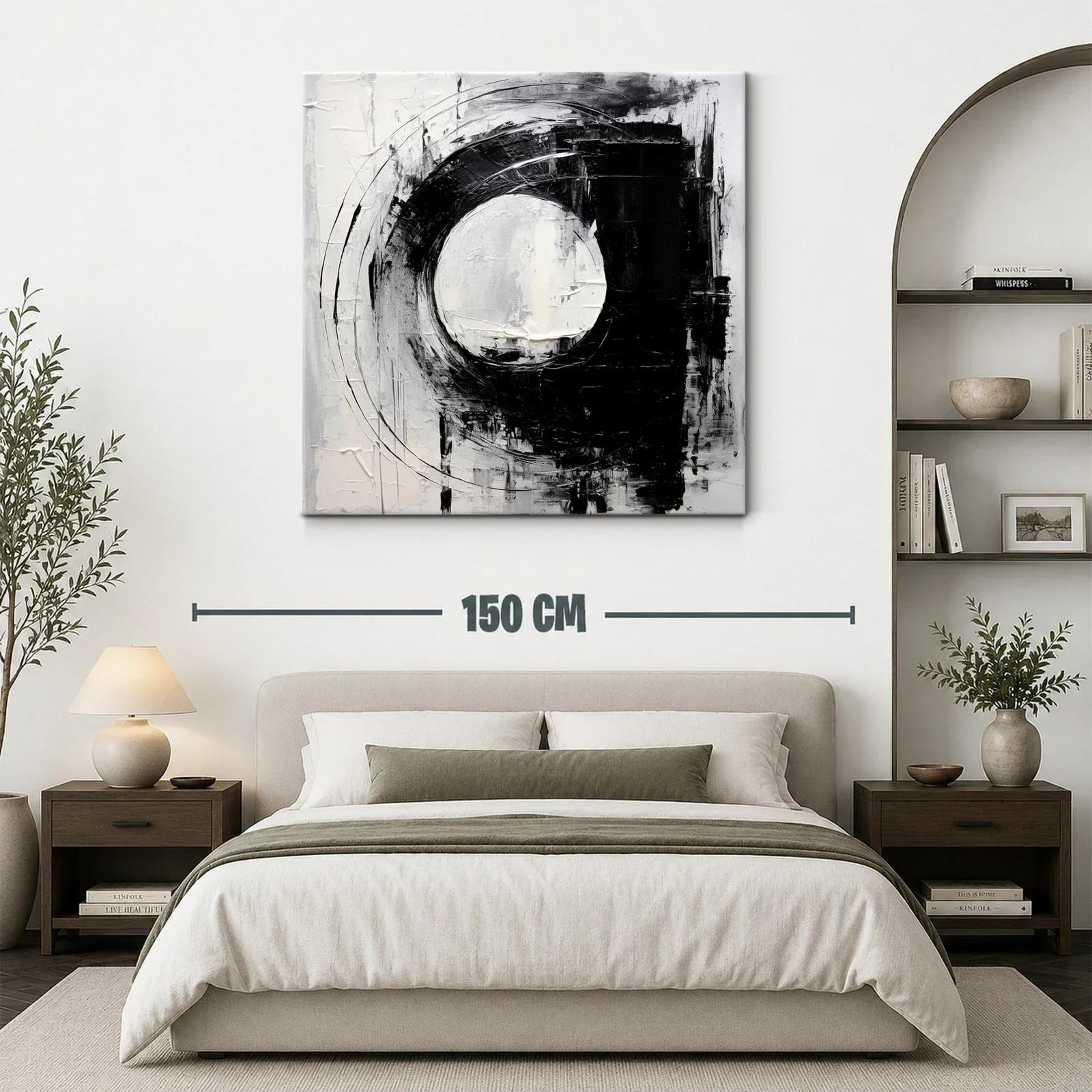 Cuadro abstracto con formas circulares en tonos blanco y negro — miniatura 3
