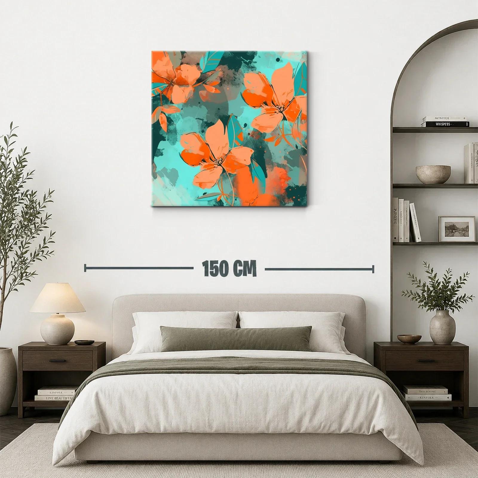 Cuadro moderno con flores vibrantes en tonos naranjas y turquesas — miniatura 3