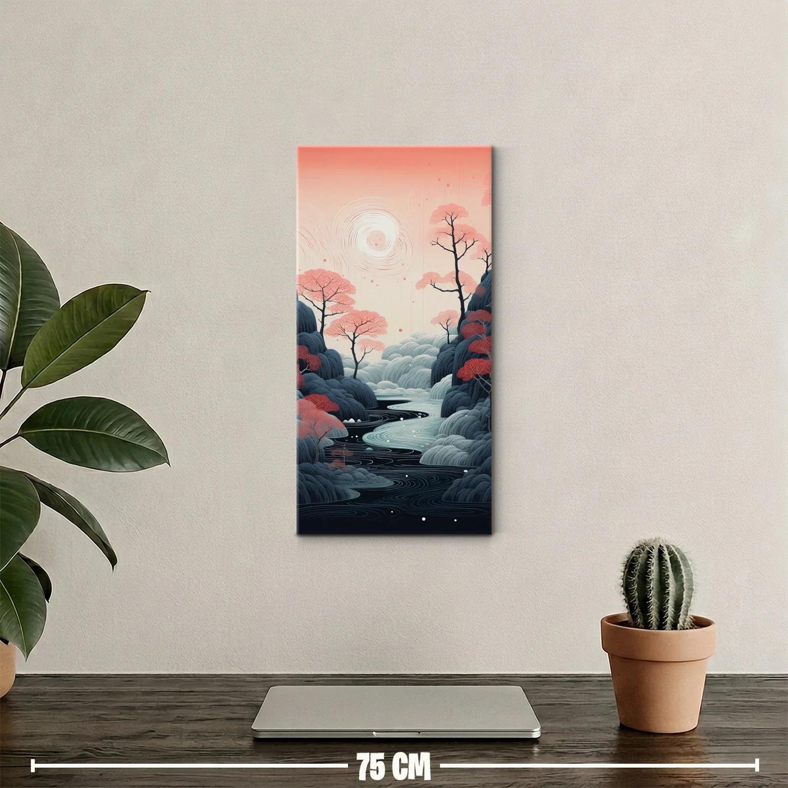 Cuadro paisaje con río serpenteante y copas rosadas — miniatura 2