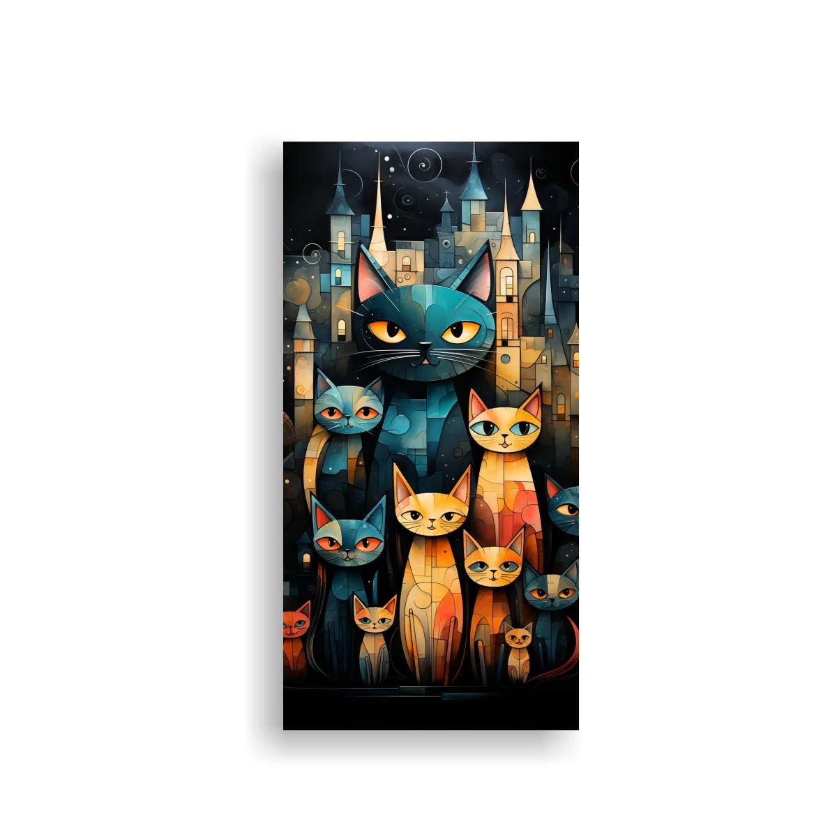 Cuadro grupo de gatos con pueblo nocturno y luna creciente