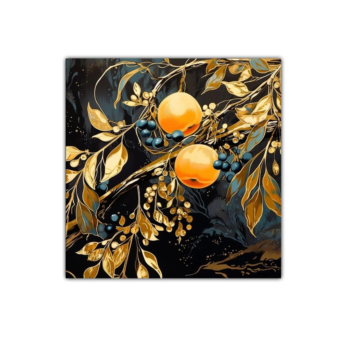 Cuadro decorativo con frutas y hojas doradas sobre fondo oscuro — imagen principal