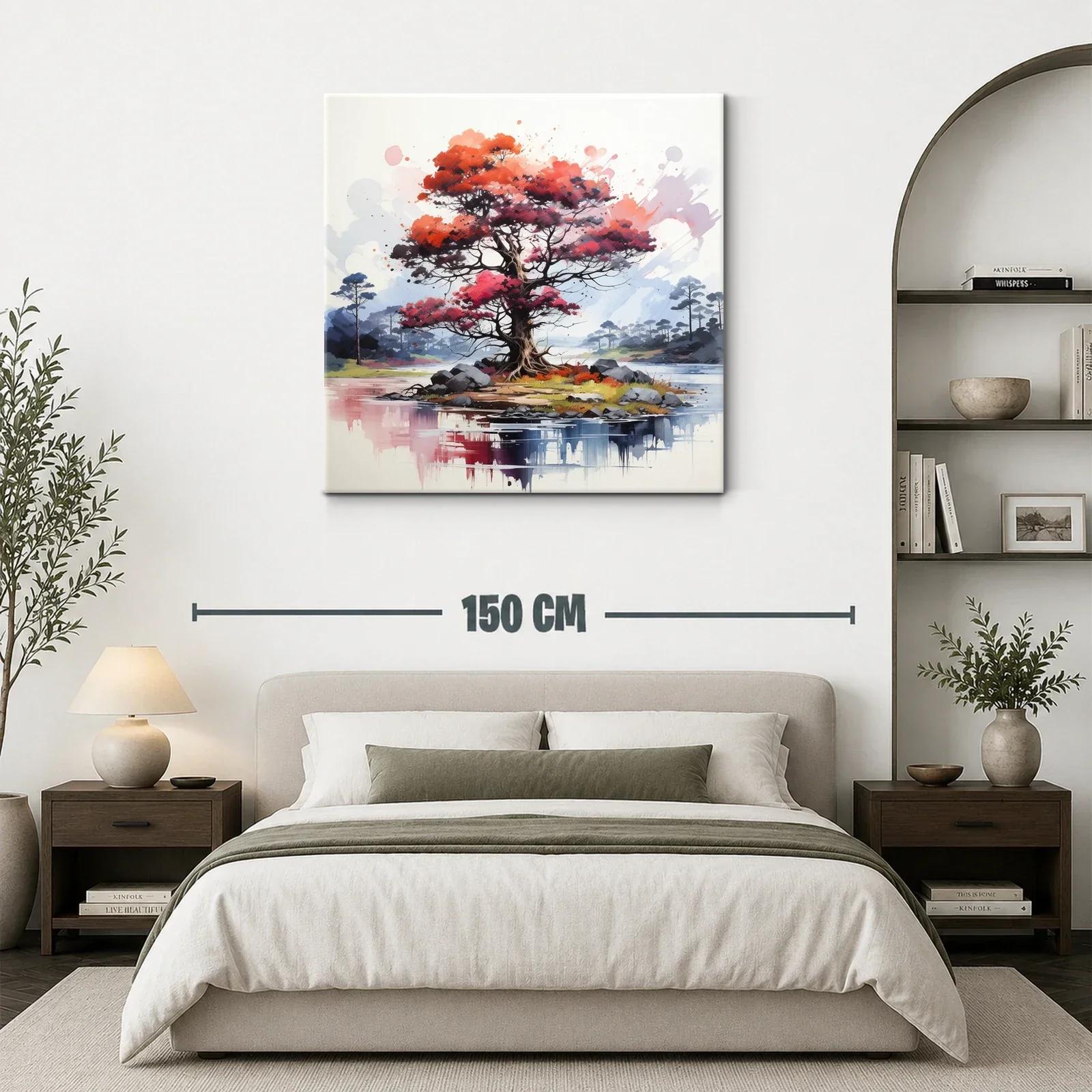 Árbol rojo vibrante en isla serena con reflejos de agua — miniatura 3