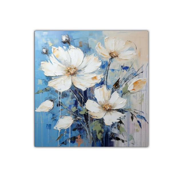Cuadro decorativo con flores blancas sobre fondo azul