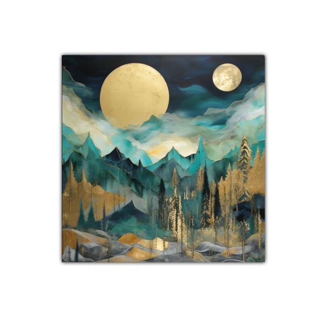 Paisaje nocturno con lunas doradas y montañas azules