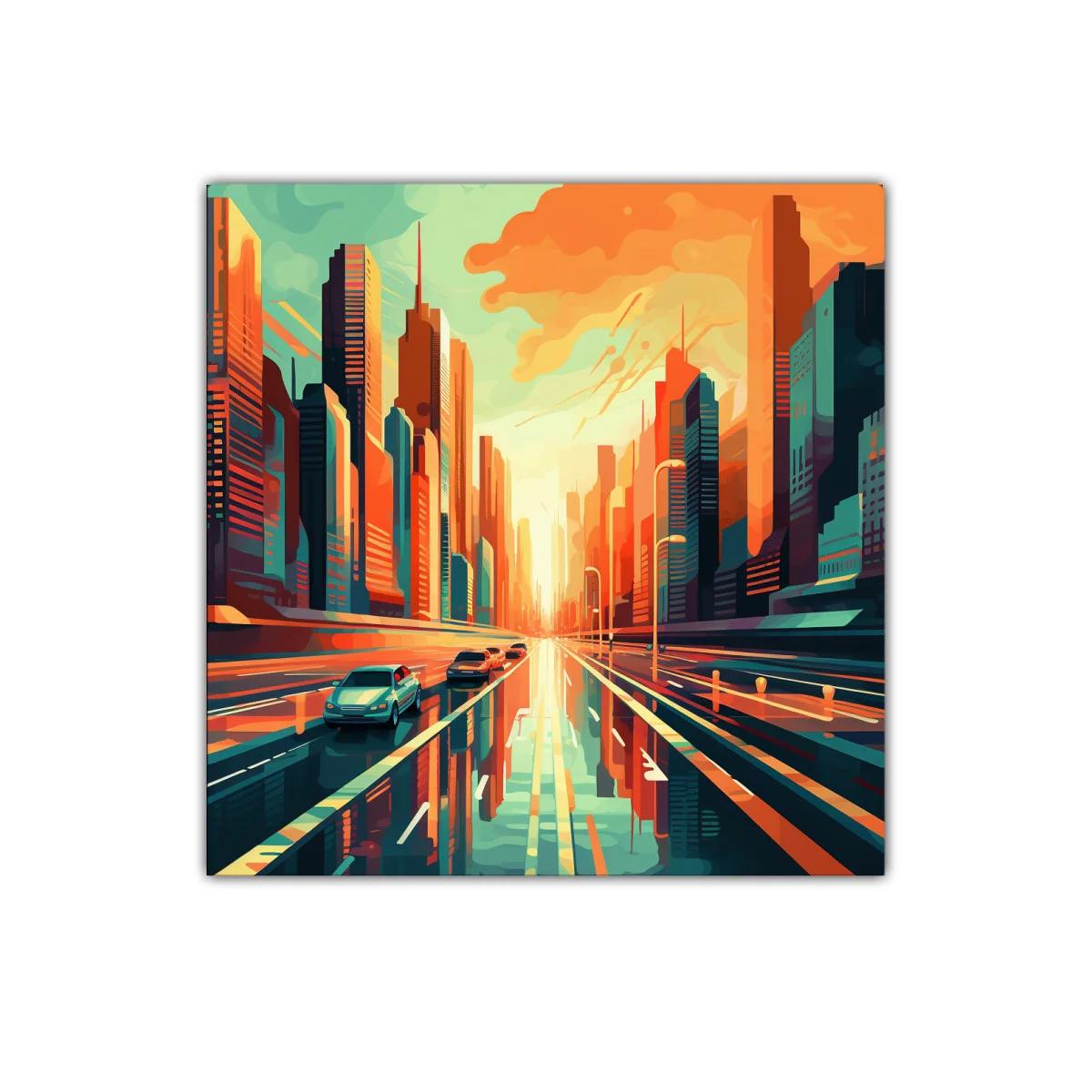 Atardecer urbano con reflejos vibrantes en ciudad moderna — imagen principal